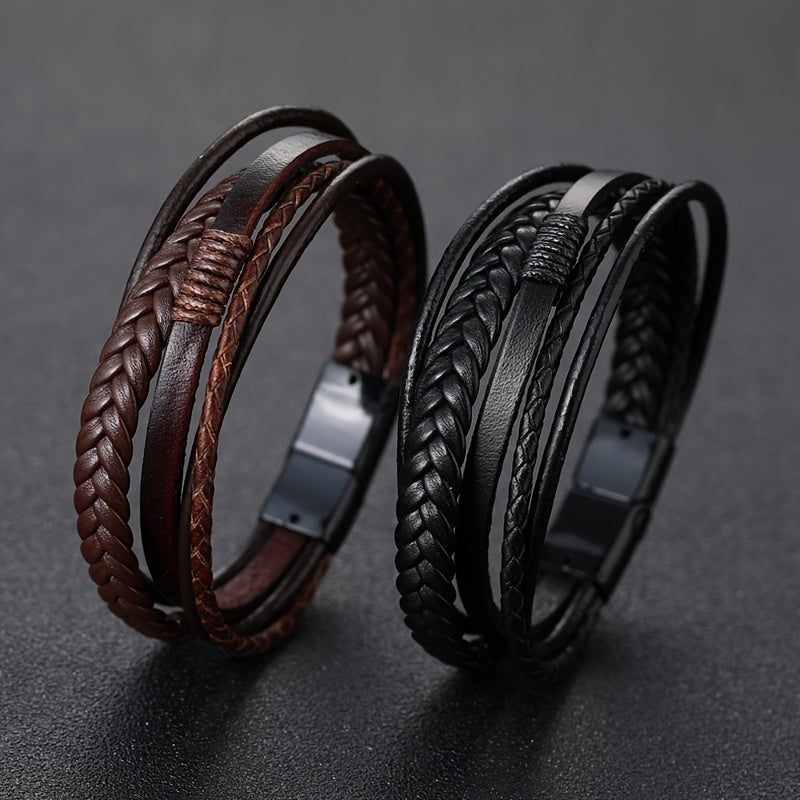 1pc Men's Hand-Woven Multi-Layer Leather Bracelet with Buckle Closure - Stylish Faux Leather Cuff, Durable & Versatile Accessory for Casual or Formal Wear
