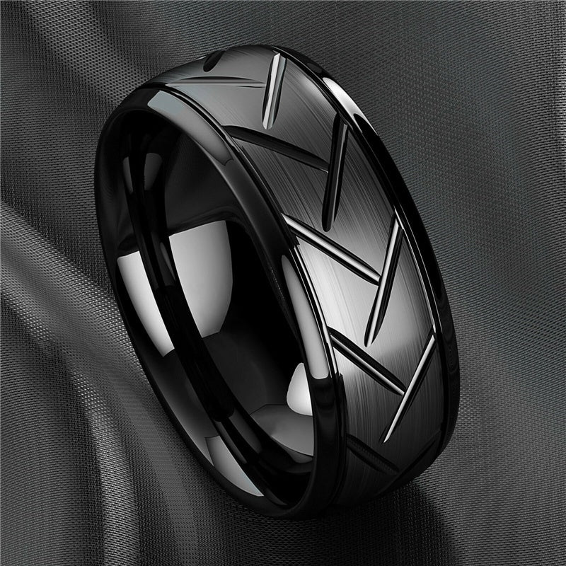 1pc 8MM Luxury High Quality Black Titanium Steel Ring Fashion Simple Men's Black Stainless Steel Wire Groove Tire Ring Artificial Jewelry Lover Gift