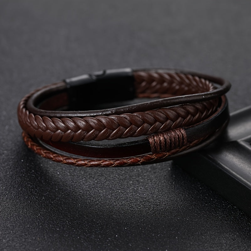 1pc Men's Hand-Woven Multi-Layer Leather Bracelet with Buckle Closure - Stylish Faux Leather Cuff, Durable & Versatile Accessory for Casual or Formal Wear
